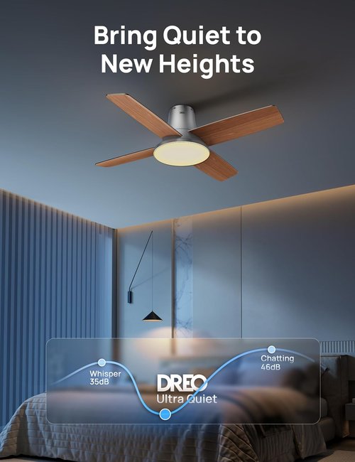 Dreo Ceiling Fan - Quiet DC Motor with 12 Speeds & 3 Modes | Dimmable LED, Remote Control, 44'' Silver