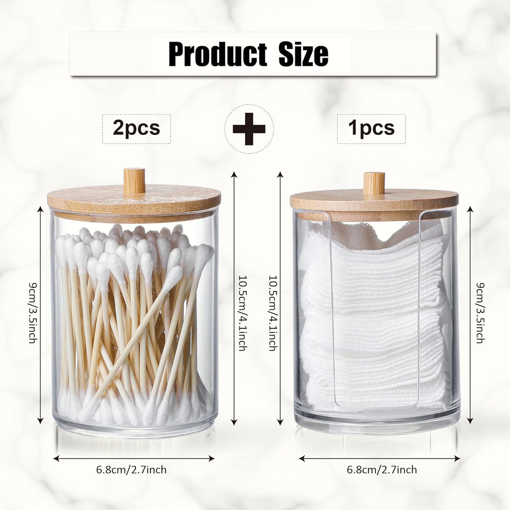 Skiennix Qtip Holder Set - 3 Pcs Clear Acrylic Containers with Bamboo Lid for Cotton Swabs & Pads | Bathroom Organizer