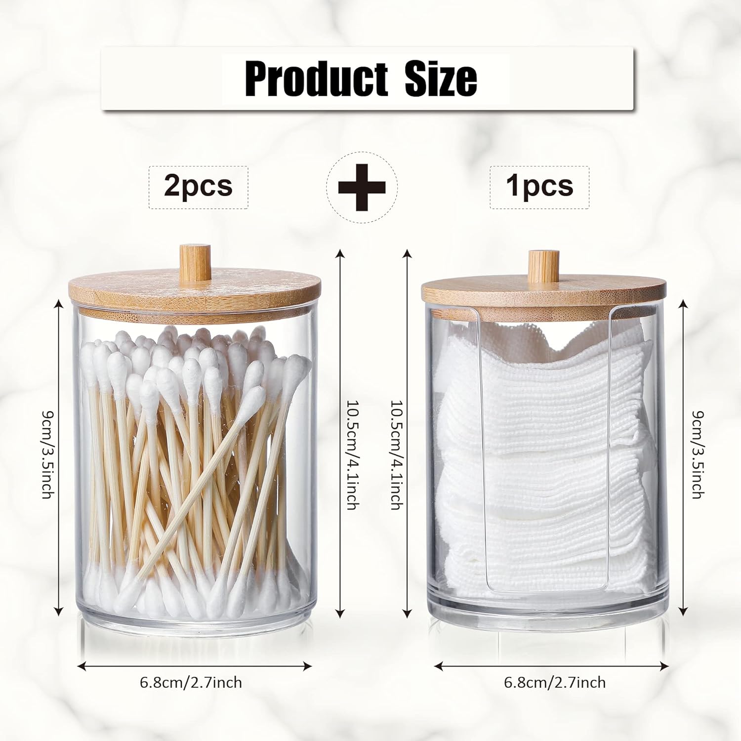 Skiennix Qtip Holder Set - 3 Pcs Clear Acrylic Containers with Bamboo Lid for Cotton Swabs & Pads | Bathroom Organizer