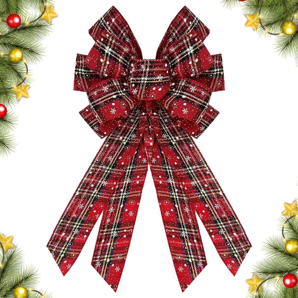 Regine Switzerland Christmas Wreath Bow - Large 20 x 11 Inch Red Burlap Buffalo Plaid Decoration