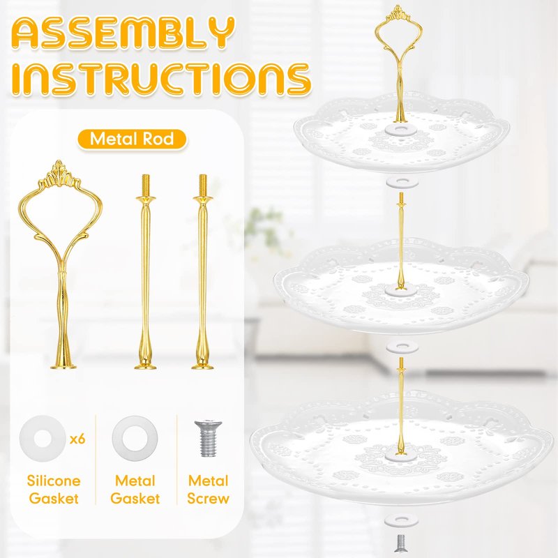 Tatuo 2 Pcs 3 Tier Porcelain Cupcake Stand, Cup Cake Holder Tower, Pastry Serving Elegant Dessert White Ceramic Tiered Stand for Wedding, Birthday, Tea Party(Lace Round Shape)