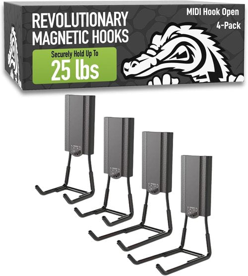 GATOR MAGNETICS Heavy-Duty Magnetic Hooks - 25 lb Capacity, Easy-Release Design | 4 Pack for Garage & Home Storage