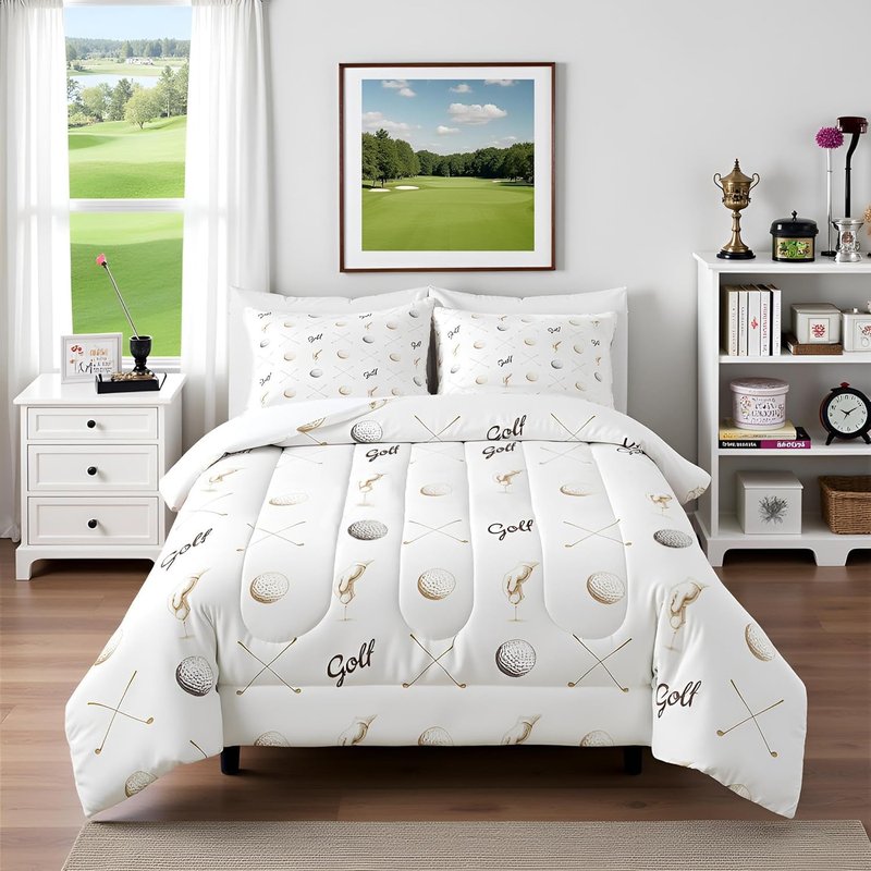 Golf Comforter Set Full Size for Kids Teens Adults Men Home Room Decor,Ball Sports Game Lovers Bedding Set 3pcs,Gray Brown Sketch Golf Quilt Set Seasons Soft Bedspread with 2 Pillowcases