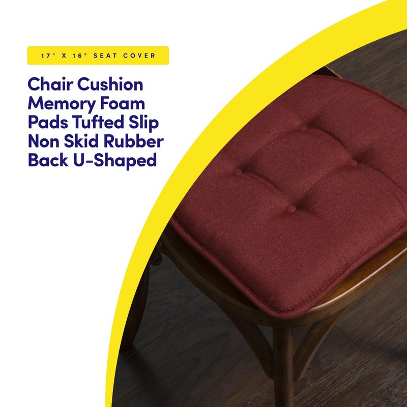 Sweet Home Collection Chair Cushion Memory Foam Pads Tufted Slip Non Skid Rubber Back U-Shaped 17" x 16" Seat Cover, 4 Count (Pack of 1), Wine Burgundy
