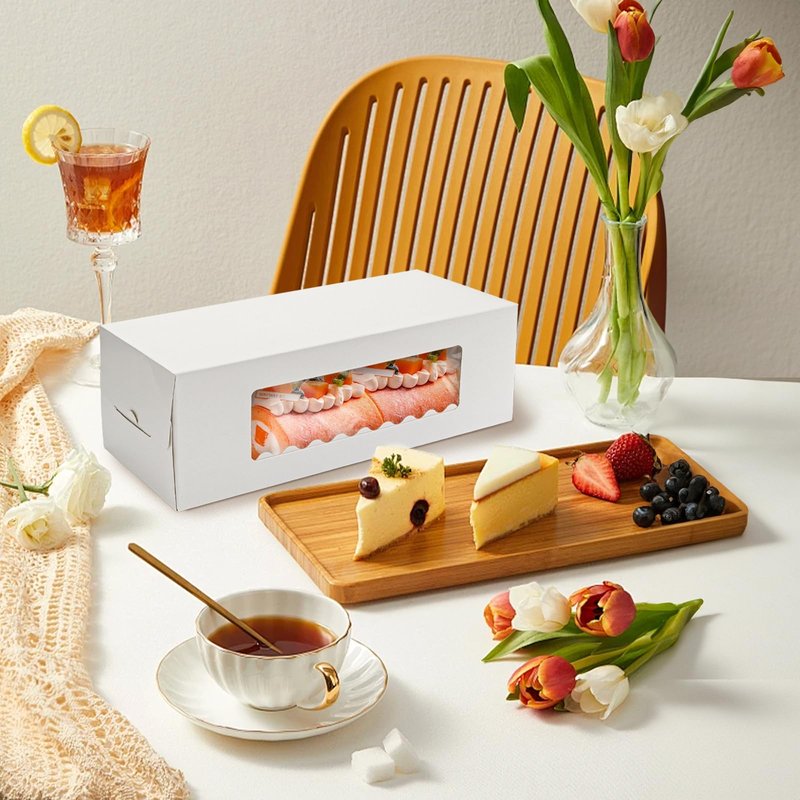 Nagpew 30 Pack Roll Cake Boxes, 10.8'' x 4.4'' x 4'' Pumpkin Roll Container with Window Paperboard, White Loaf Bakery Holder for Wedding, Thanksgiving, Pastries