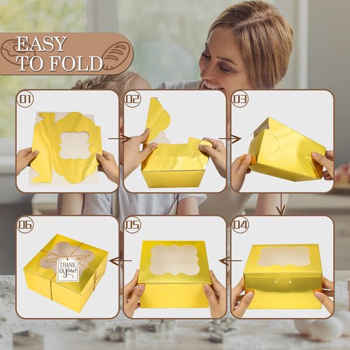 KPOSIYA 65PCS Bakery Boxes with Window 6x6x3 Inches 5 Style Cookie Boxes Small Pastry Boxes for Candy, Dessert, Pastry, Donuts, Birthday Party, Wedding(Gold)
