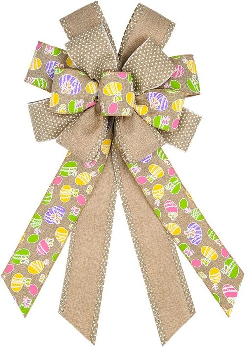 Estivaux Large Easter Wreath Bow - Flaxen Burlap Holiday Decoration for Indoor/Outdoor Use