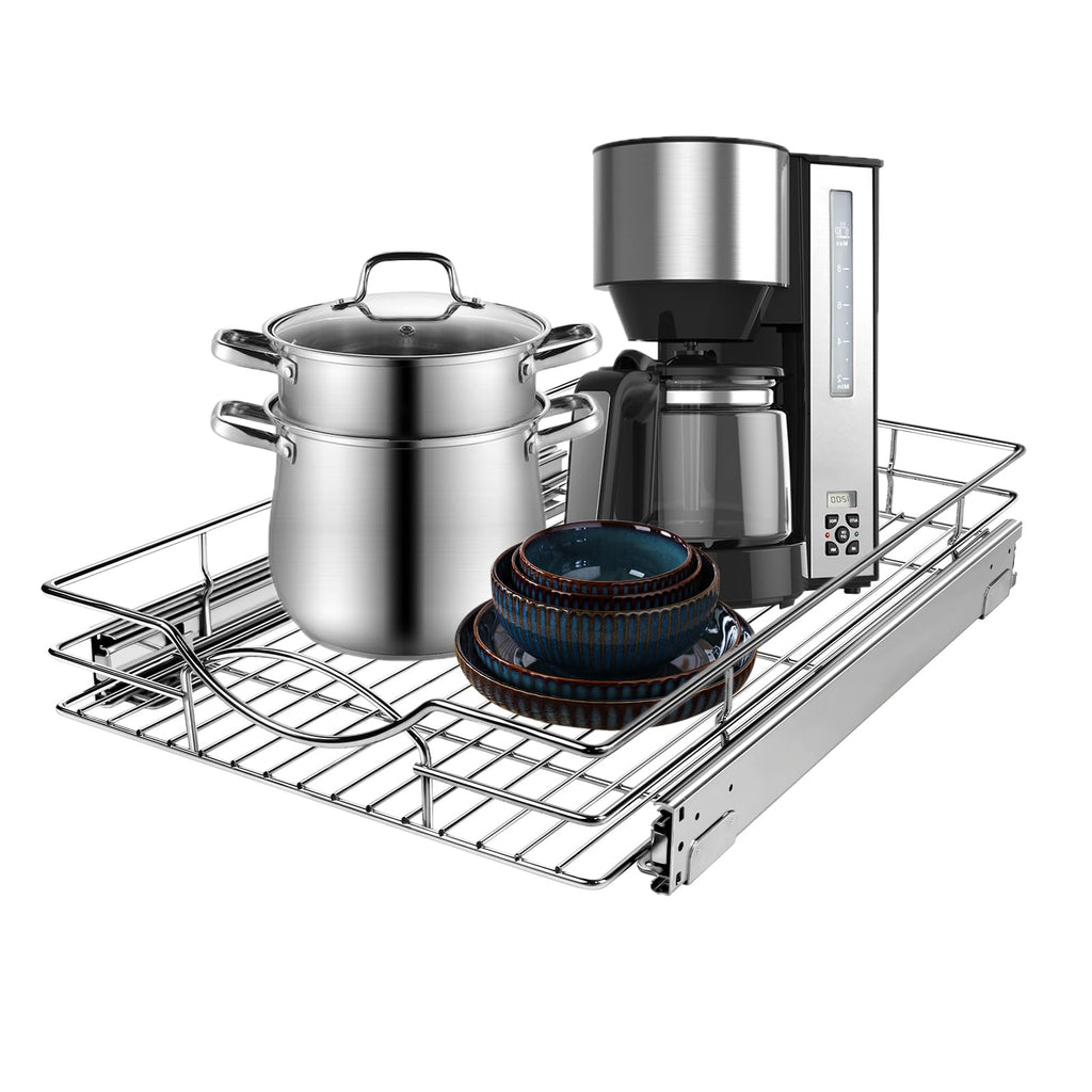 Sikarou Pull Out Cabinet Organizer 26" W x 21" D, Heavy Duty Kitchen Cabinet Pull Out Shelves, Slide Out Wire Basket for Kitchen Cabinets, Bathroom, Pantry, Chrome Finish