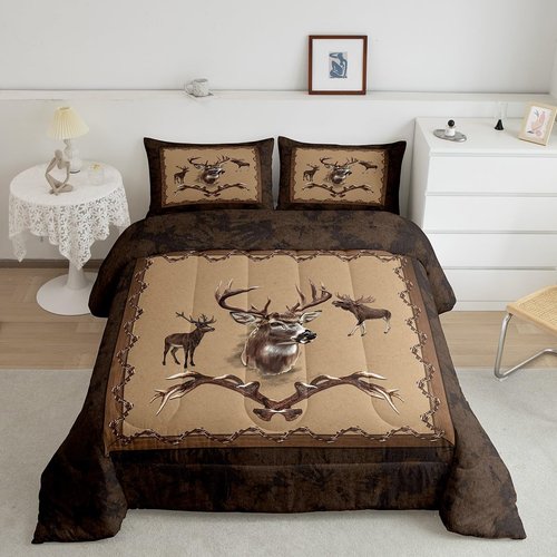 Erosebridal Farmhouse Deer Comforter Sets for Kids Boys Girls Southwestern Bedding Set Twin Size Rustic Hunting Animal Quilt Moose Deer Down Comforter with 1 Pillow Sham Bedroom Decor