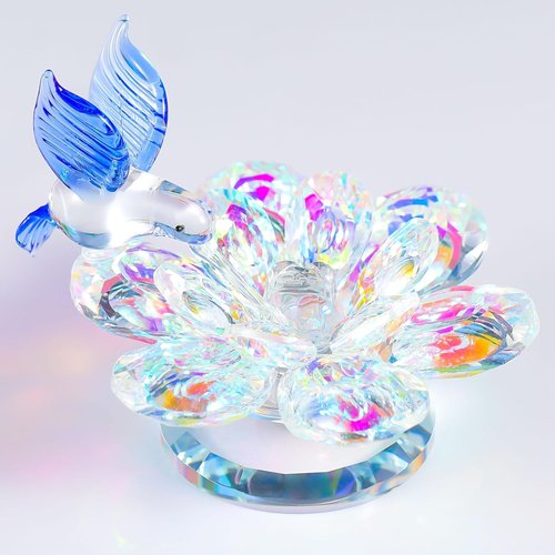 Movdyka Crystal Figurine - Blue Hummingbird Lotus Flower Decor | Sparkling Glass Ornament for Women