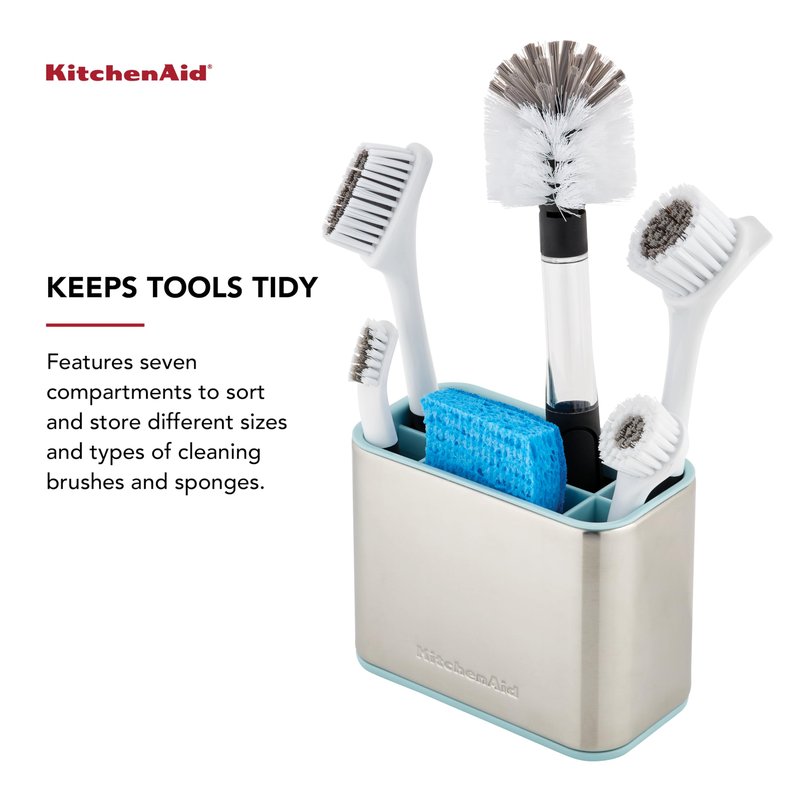 KitchenAid Multi Compartment Sink Brush and Sponge Caddy with Perforation for Quick Air Drying, 3.25 x 4.78 x 6.25 Inch, Mineral Water
