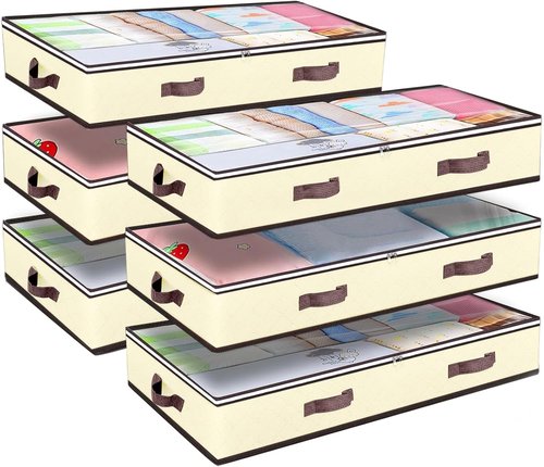 Budding Joy 90L Underbed Storage Containers - Large Capacity Foldable Organizers with Clear Window | Beige 6 Pack