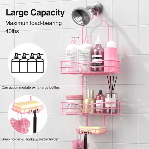 DAOYA 3-Tier Pink Overhead Shower Caddy - Bathroom Organizer with Soap Holder & 6 Hooks