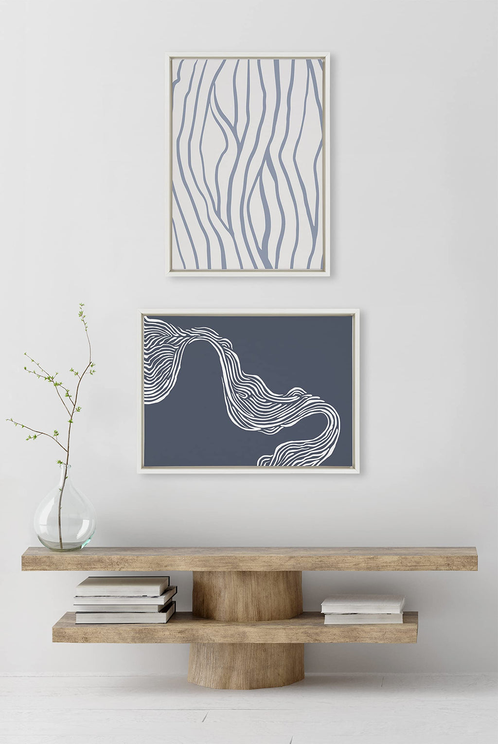 Kate and Laurel Sylvie Simple Elegant Coastal Waves Framed Canvas Wall Art by The Creative Bunch Studio; 18x24 White; Blue Water Waves Art for Wall