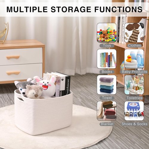 ICERZCZ Storage Baskets - Woven Cotton Rope Bins for Nursery & Home Organization | 15"x11"x9.5", Off White, 3 Pack