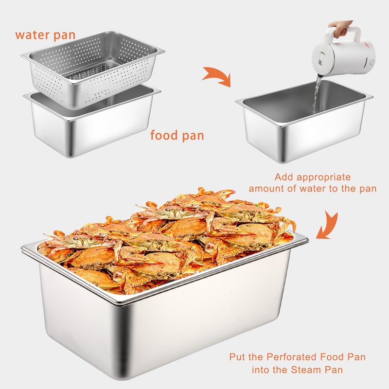 Tioncy 2 Pack Full Size Hotel Pans with Perforated Steam Pan, Stainless Steel Steam Table Pan Multifunctional Food Chafing Supplies for Restaurant Kitchen(Full Size, 6 Inches, 8 Inches)