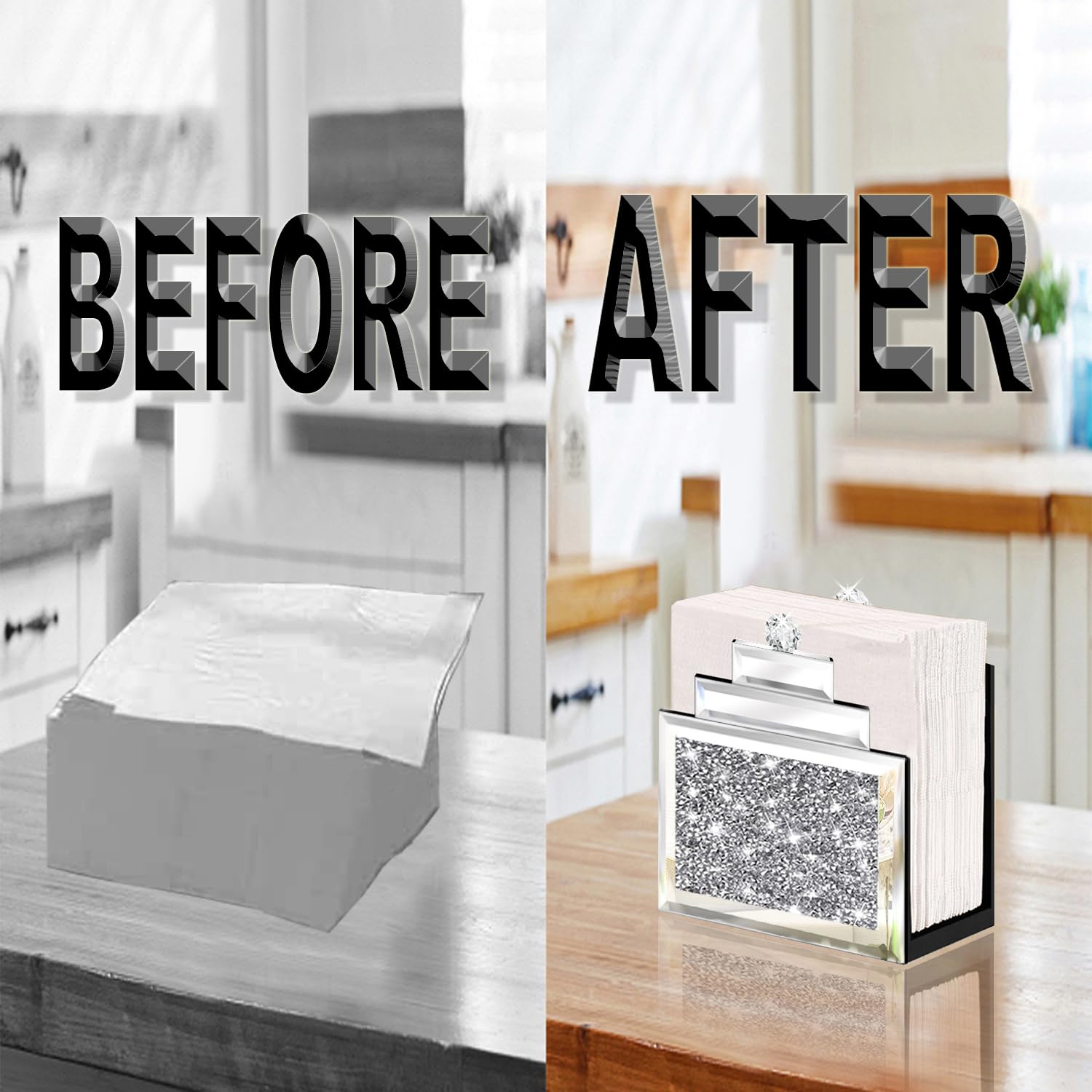 Wocred Mirror Napkin Holder,Crystal Crushed Diamond Vertical Holder,Cute Tissue Holder Holds Napkins Upright for Bathroom，Dining Table，Kitchen Table.(6.8”X5.9”X3”)