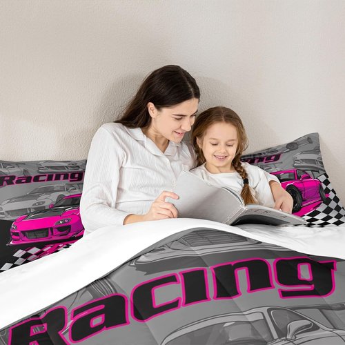 Pink Race Car Kids Comforter Set Twin Size,Racing Flag Black White Checkered Bedding Set,Boys Girls Adults Room Decor,Extreme Sports Games Down Comforter,Modern Fashion Duvet Insert,1 Pillowcase