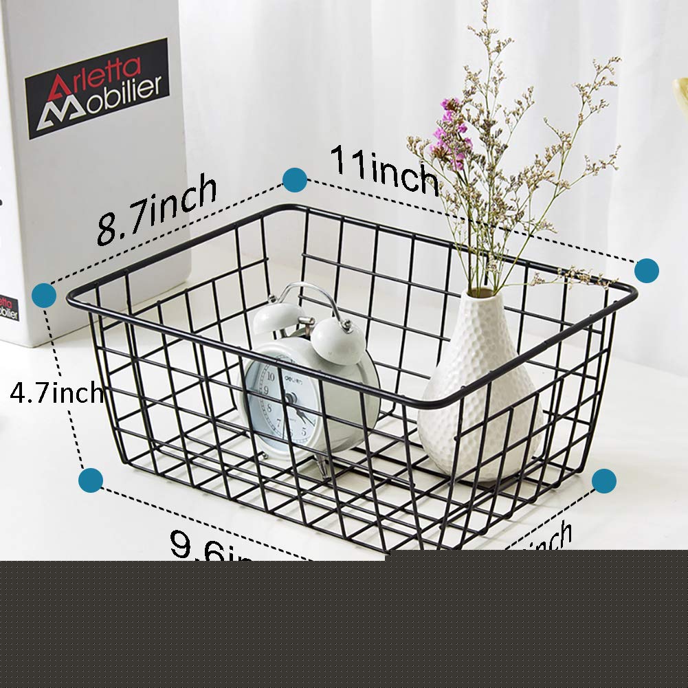 Wire Storage Baskets, 4 Pack Metal Household Organizer with 4 Pcs Fabric Liners, Refrigerator Bin with Handles, for Pantry, Shelf, Freezer, Kitchen Cabinet, Bathroom, Countertop, Closets (Black)