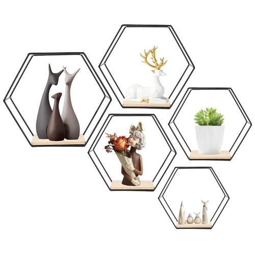 F FINEC Wall Mounted Hexagonal Floating Shelves Black Set of 5 in Different Sizes, Modern Metal Shelf, Simple Wood Partition Storage Shelves, Decor Rack for Bedroom, Living Room, Kitchen and Office