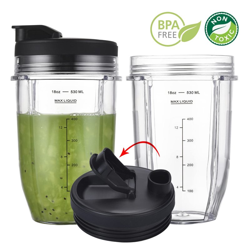 [Upgraded] Replacement 18oz Cups for Nutri Ninja Blenders, Blender Replacement Parts with Upgraded Lid For Auto-IQ BL480, BL482, BL490, BL640, BL642, & BL680 Auto IQ Series Blenders., 2 Pack