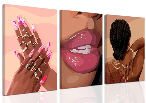 Black Girl Pink Wall Art Set of 3 African American Black Women Canvas Posters Fashion Black Girl Wall Decor Pictures Prints for Home Living Room Bedroom Bathroom Decoration 16x24 Inch Framed
