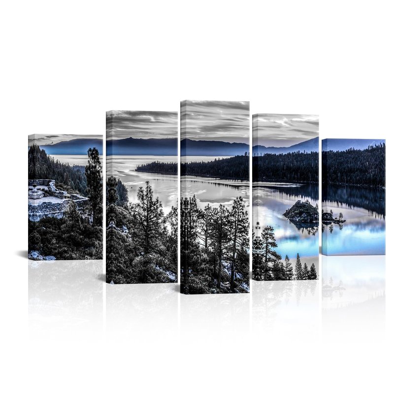 sechars Large 5 Piece Lake Tahoe Wall Art Decor Black and White Blue California Mountains Picture Photo Canvas Prints America Landscape Painting for Living Room