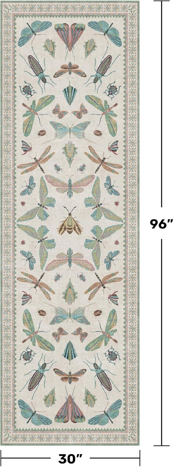 Skiennix Insect Print Hallway Runner Rug - 2'6"x8' Light Green, Washable Non-Slip Design for Indoor Decor