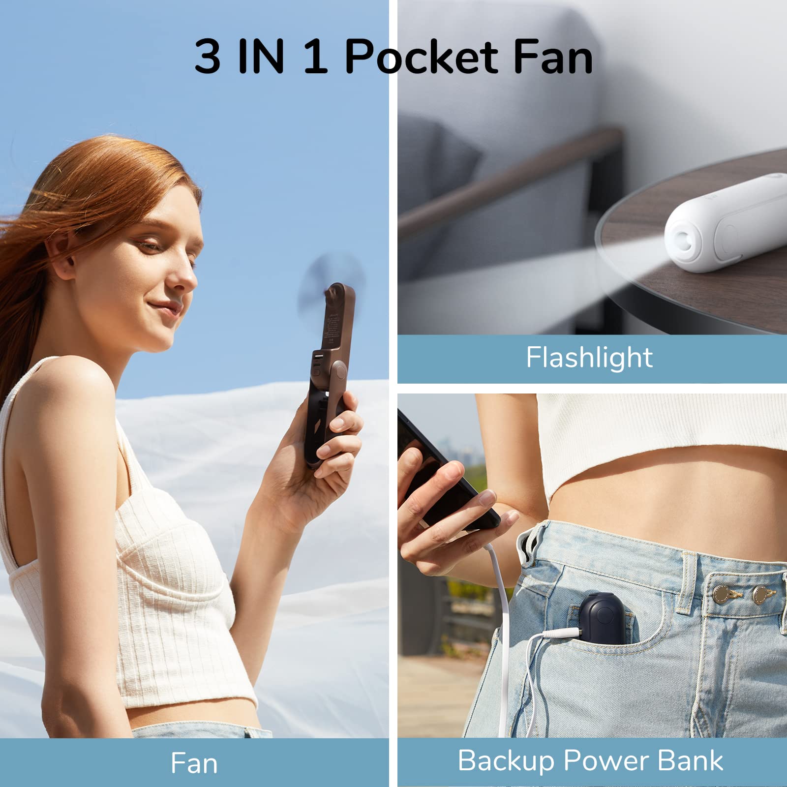 JISULIFE 3 IN 1 Hand Fan with Power Bank, Flashlight & 2024 Powerful Handheld Fan Life7 with LED Display
