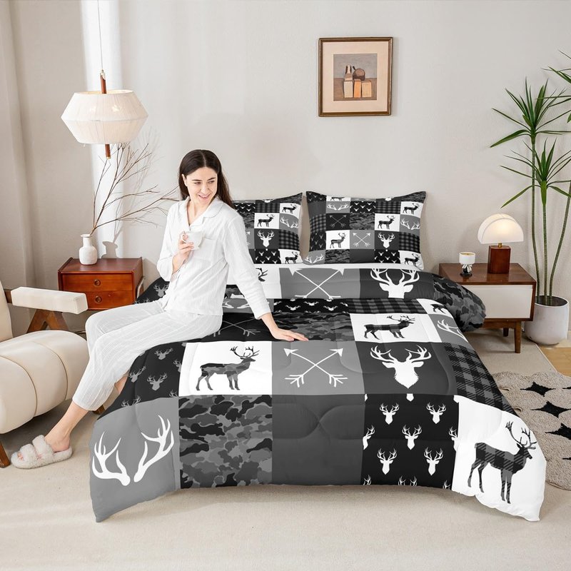Deer Silhouette Comforter Set Queen Size,Camo Western Rustic Farmhouse Xmas Bedding Set 3pcs for Kids Teens Home Room Decor,Antlers Arrow Geometric Quilt Set,Black Grey Duvet Insert,2 Pillowcases