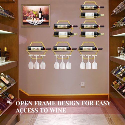 YALINKA 2Pcs Wall Mounted Wine Bottle Rack, Metal Hanging Wine Display Holder Organizer, Red Wine Racks for Home Kitchen Bar Decor Storage(Gold)