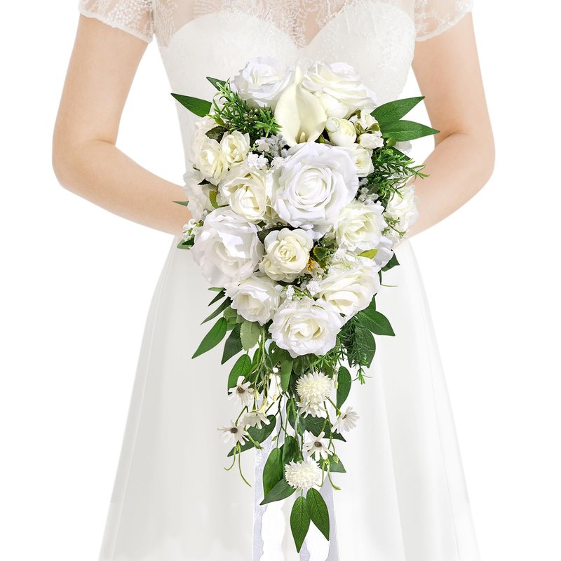 Faylifeway Wedding Bouquets for Bride, White Cascading Bridal Bouquet Artificial Flowers，9.8 Inch Bride Bouquets for Wedding Decoration, Boho Ceremony,Church, Anniversary Decor