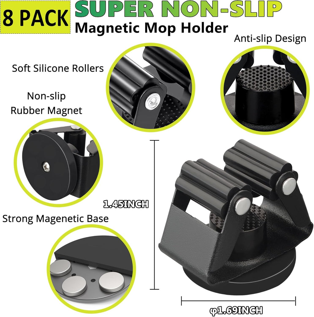 ULIBERMAGNET Magnetic Mop Holder - Heavy Duty Wall Mounted Storage Rack | 8 Pack, Black