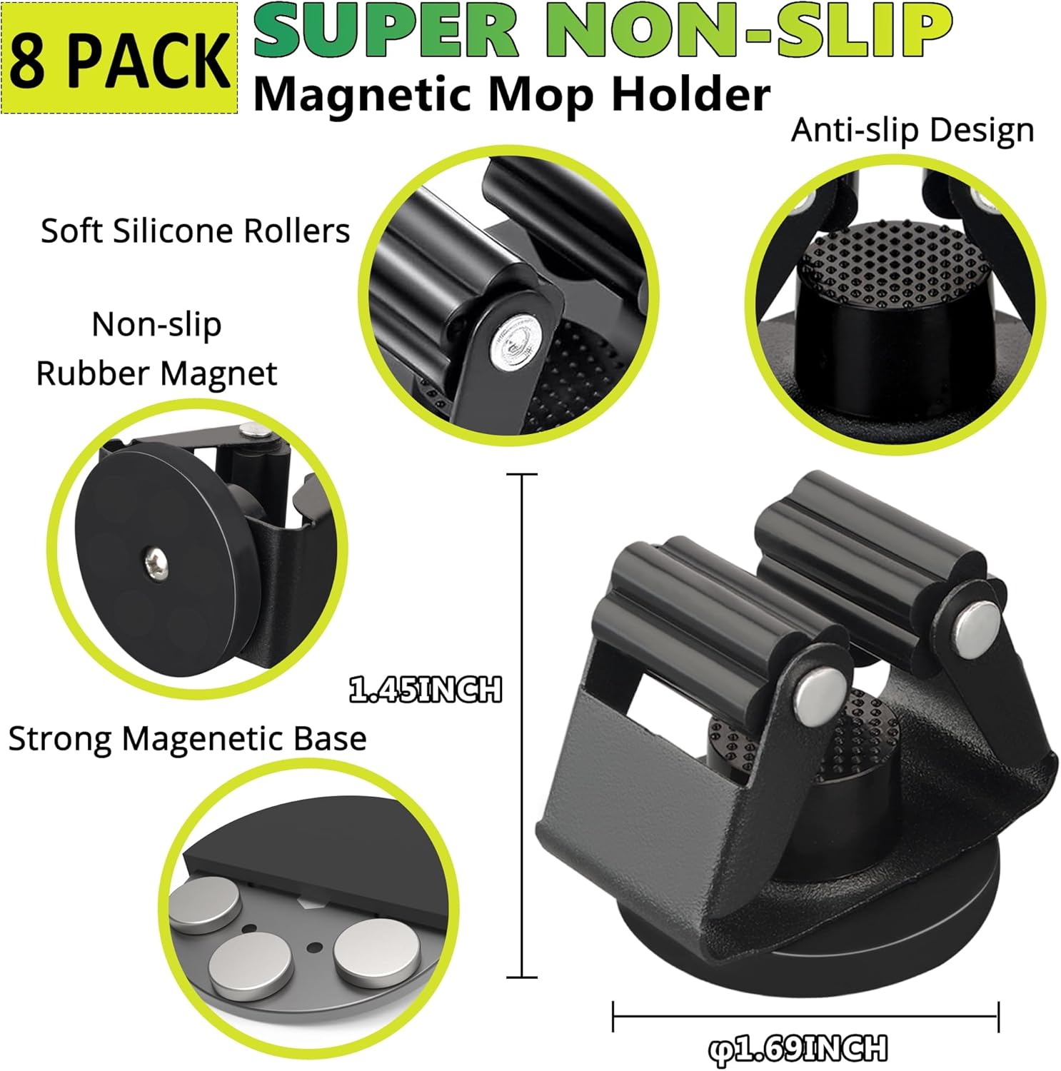 ULIBERMAGNET Magnetic Mop Holder - Heavy Duty Wall Mounted Storage Rack | 8 Pack, Black