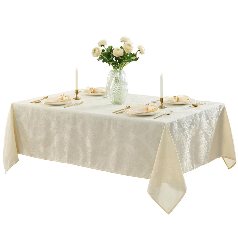 Newbridge Barcelona Luxury Damask Fabric Tablecloth, 70” Extra Wide x 144” Rectangle, Antique White, 100% Polyester, No Iron, Soil Resistant Dining Room, Party and Banquet Table Cover
