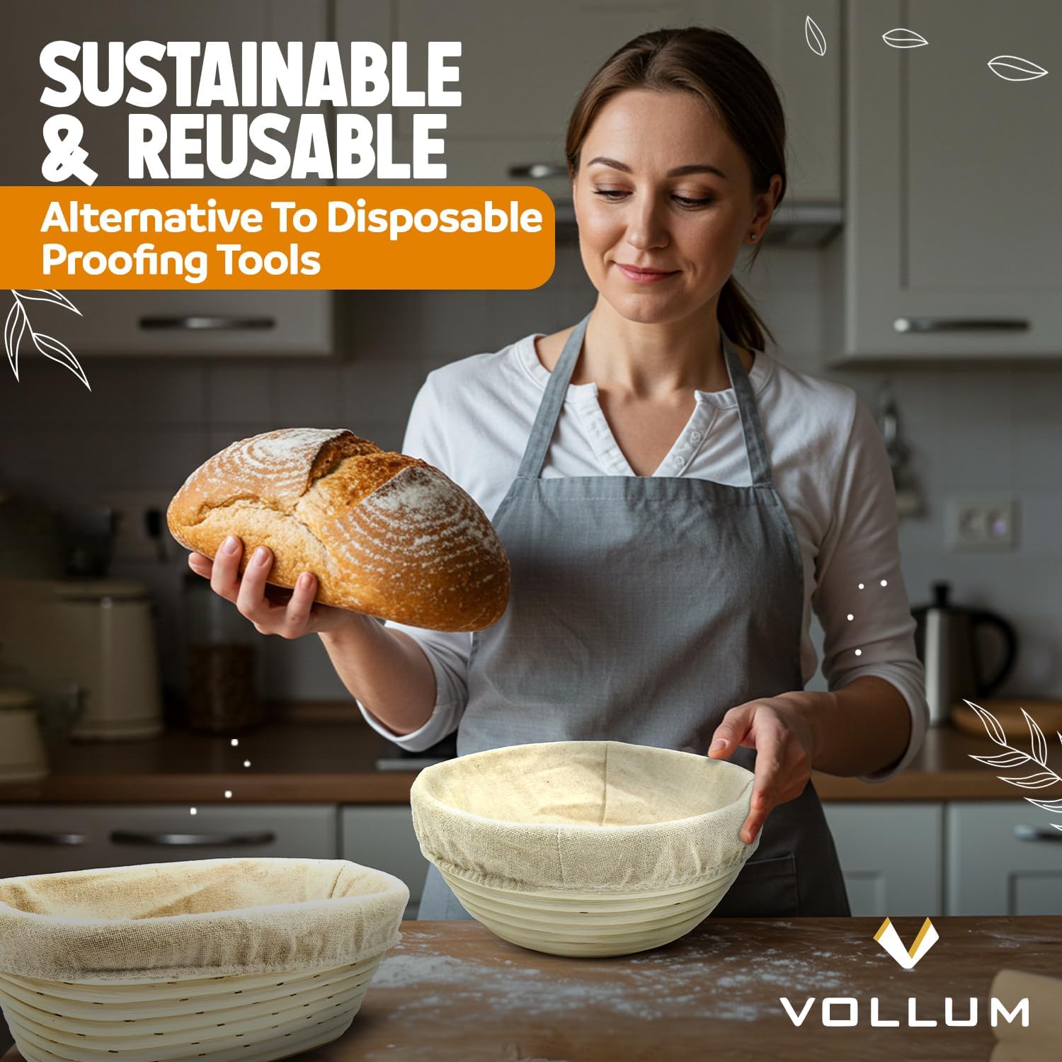 Vollum Banneton Sourdough Proofing Basket - Handwoven Rattan Cane for Artisan Breads | 8.5 x 3 In, 1-Pound Round