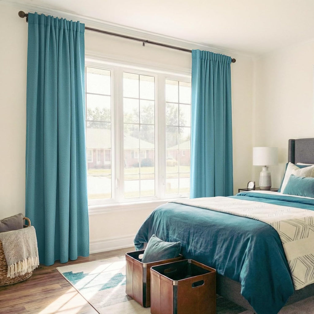 Skiennix 100% Blackout Linen Curtains - Thermal Insulated Drapes, 50" W x 90" L, Dark Cyan - 2 Panels Set