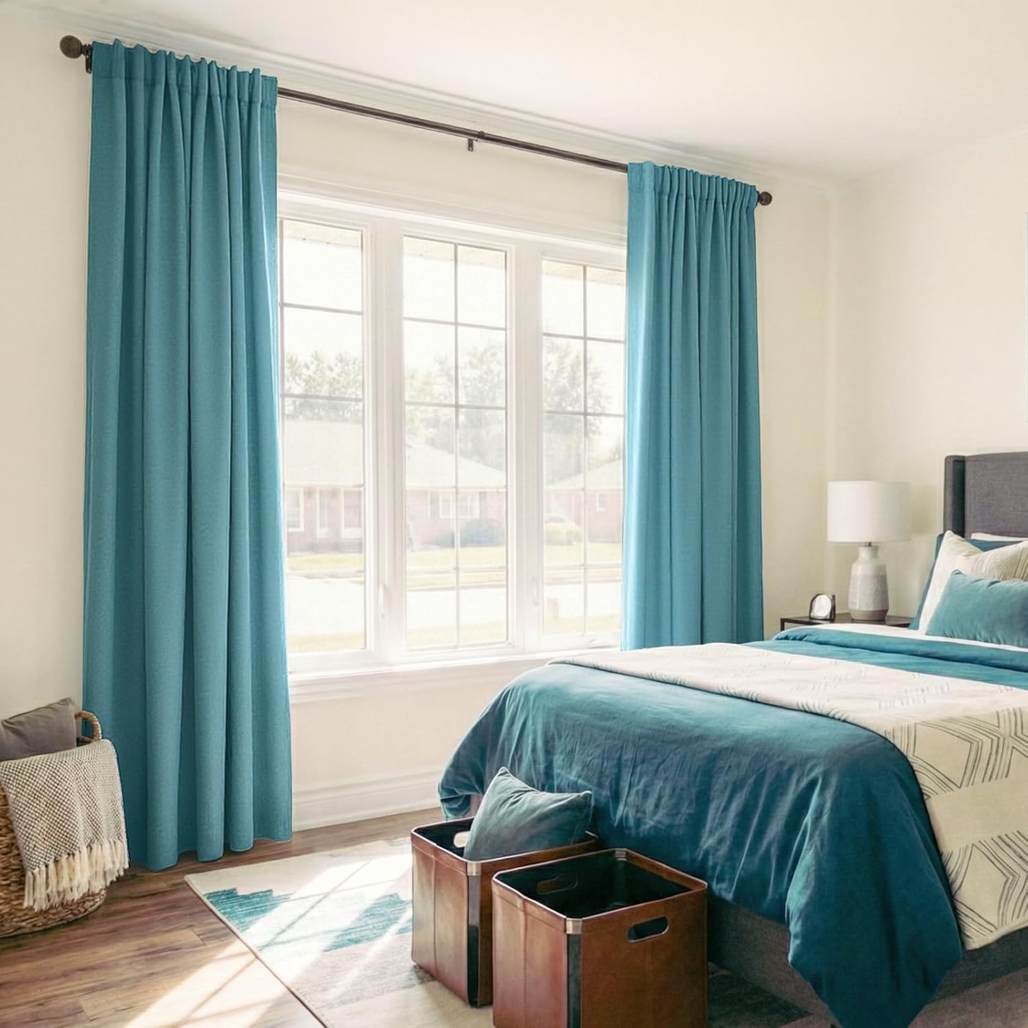 Skiennix 100% Blackout Linen Curtains - Thermal Insulated Drapes, 50" W x 90" L, Dark Cyan - 2 Panels Set
