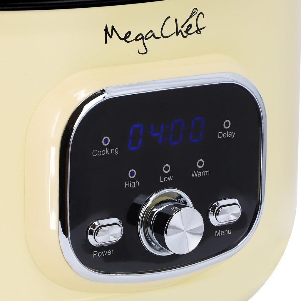 MegaChef 6.9 Quart Oval Electric Slow Cooker, Removable Ceramic Pot, 3 Heat Settings, Kitchen Appliance, Countertop Cooker (Cream)