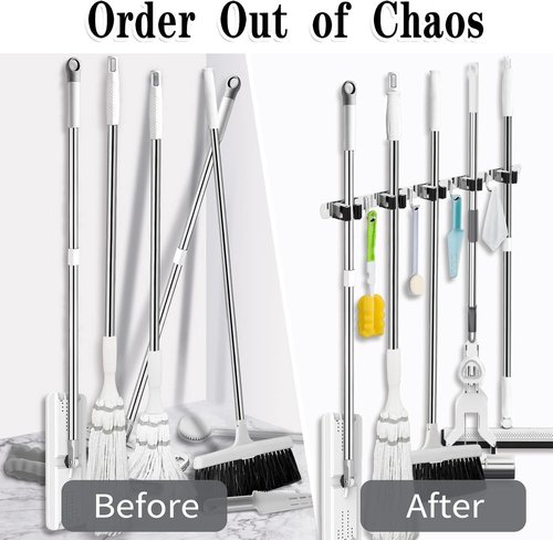AceMining Mop and Broom Holder - 5 Racks & 4 Heavy-Duty Hooks | Wall-Mounted Organizer for Home & Garage