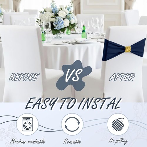 Moukeren Spandex Chair Sashes - 50 Pcs Stretch Covers with Slider Buckles | Navy Blue for Weddings & Events