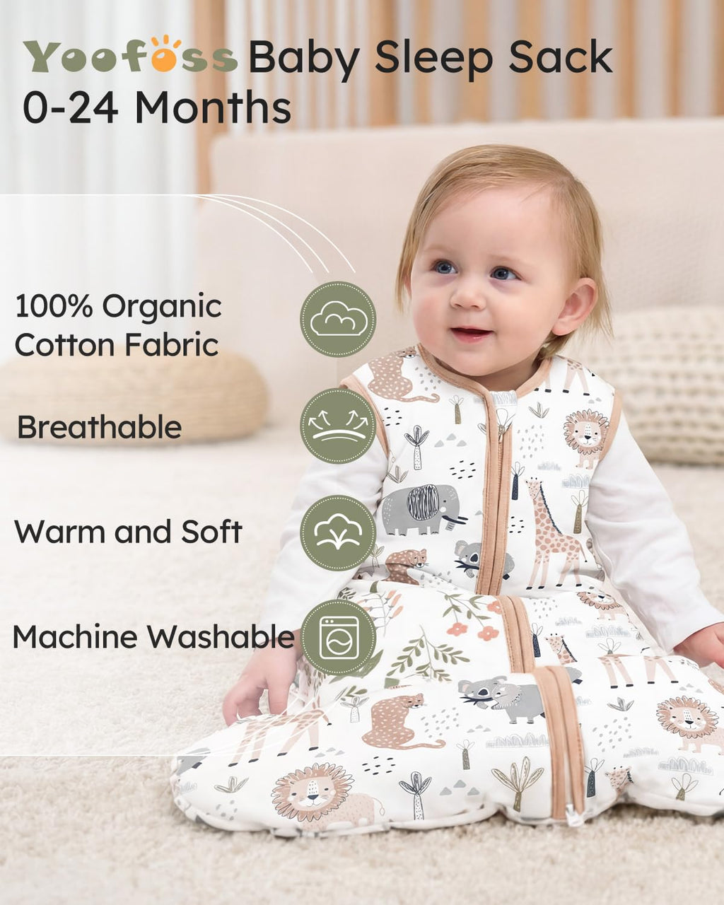 Yoofoss Baby Sleep Sack - 1.5 Tog Wearable Blanket for 12-18 Months | 100% Organic Cotton, Warm & Comfy