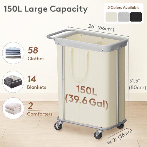Lifewit 150L Large Laundry Basket - Rolling Hamper with Wheels & Removable Bag | White
