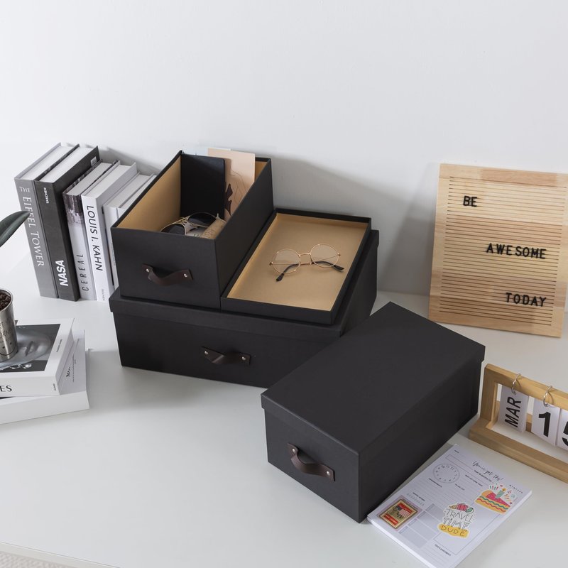 Soul & Lane Decorative Storage Boxes with Lids - Set of 3 (One Large and Two Medium), Sturdy Cardboard Organizers for Photos, Versatile Boxes with Handles for Office & Home, Dark Gray