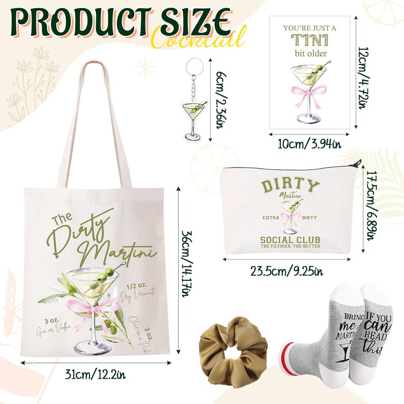 Paterr 6 Pcs Martini Gift Includes Makeup Bag, Martini Tote Bag, Acrylic Keychain, Hair Scrunchy, Martini Socks, Martini Birthday Cards for Bachelorette Party Cocktail Martini Lover Gift Decoration