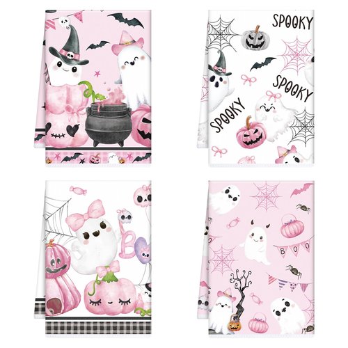 InIsaJace Pink Halloween Kitchen Dish Towels, 4PCS Pumpkin Cute Ghost Boo Hand Tea Towels Set, Spooky Halloween Kitchen Bathroom Holiday Decor Supplies