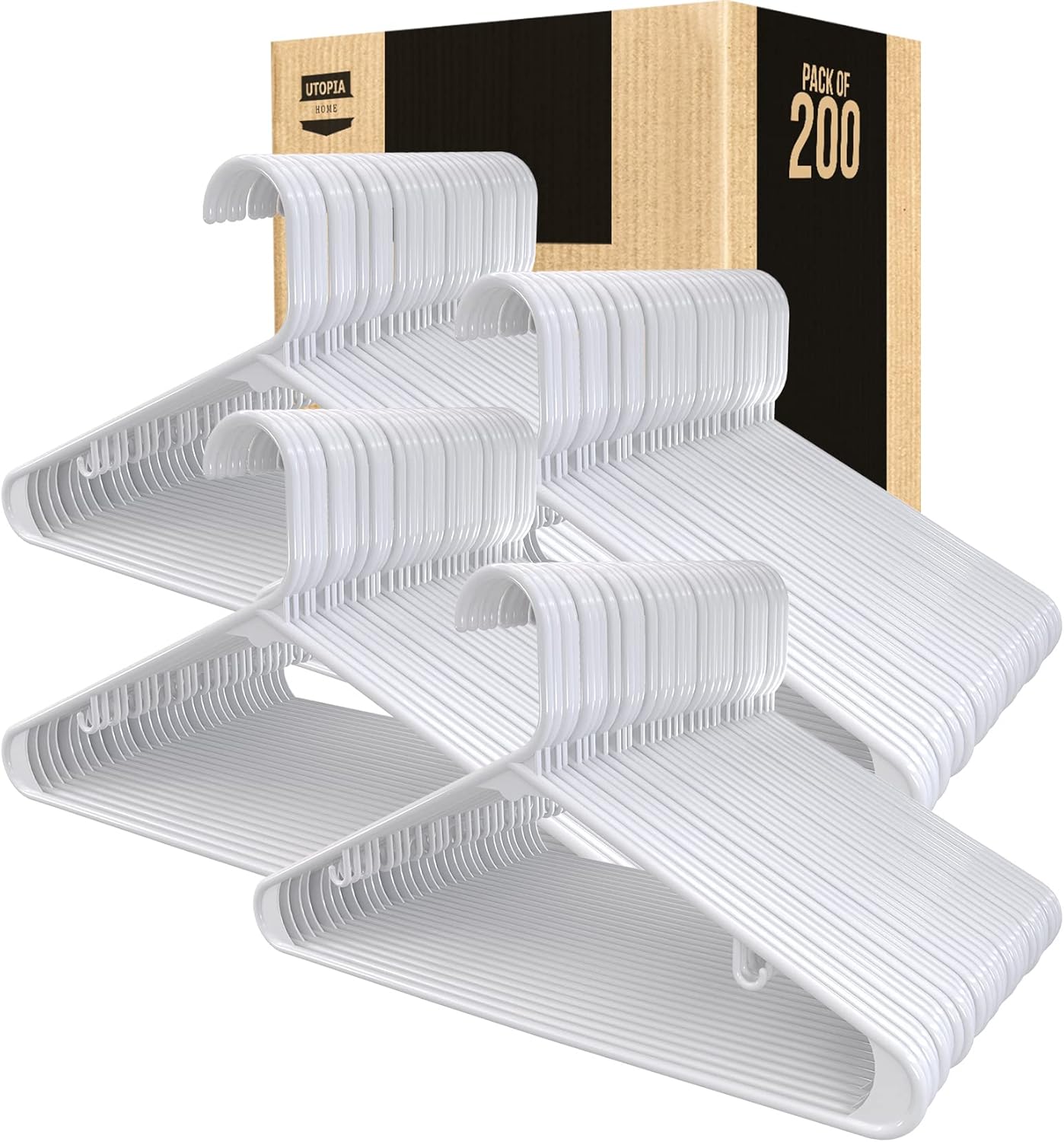Utopia Home Plastic Hangers 200 Pack - Durable Space-Saving Closet Organizers - Essential for Shirts, Pants & Coats (White)