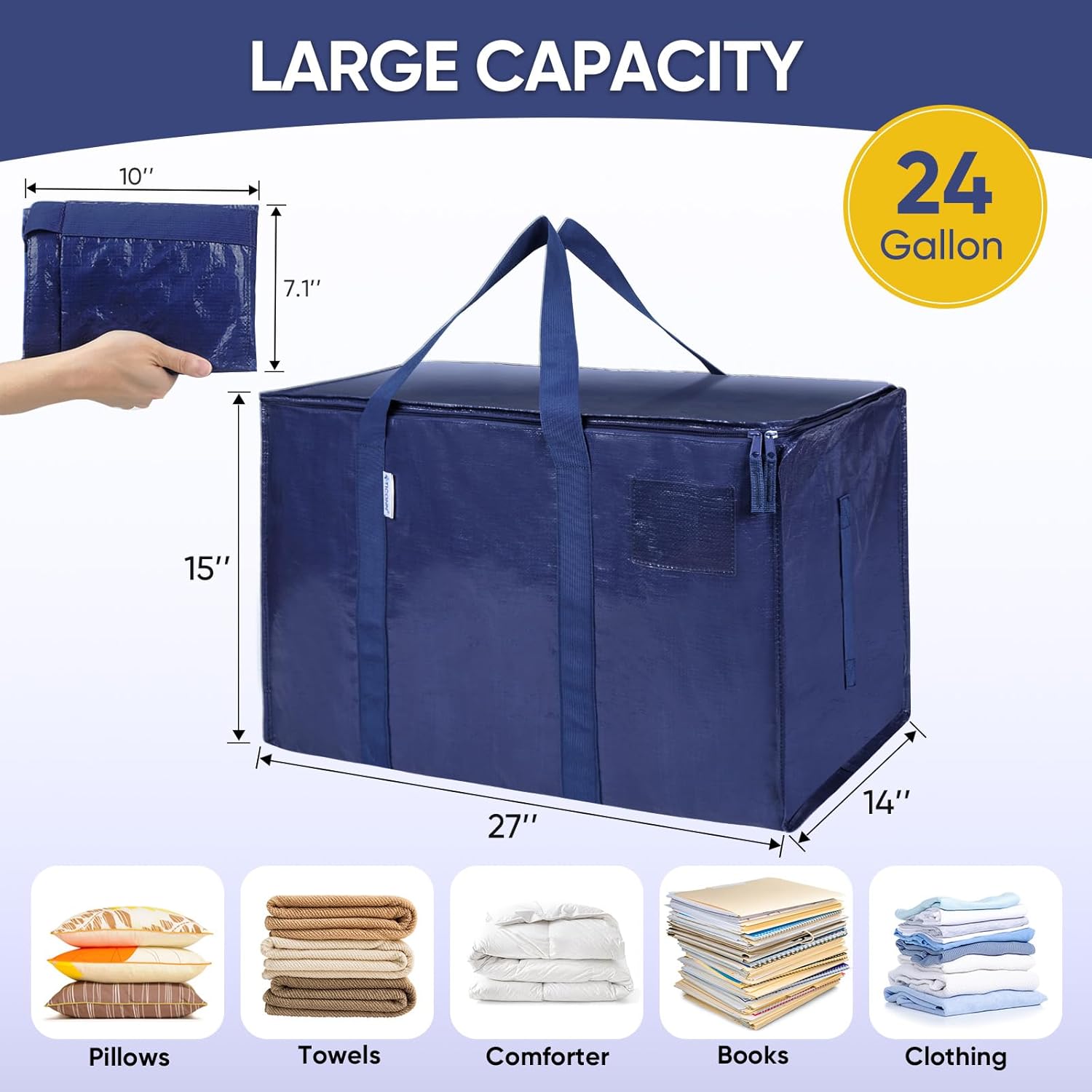 TICONN Extra Large Moving Bags - Heavy Duty Storage with Zippers & Handles | 4 Pack, Navy