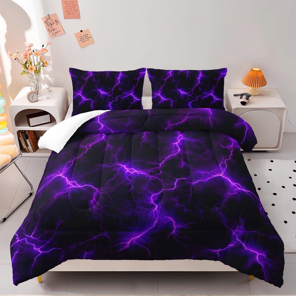 Nttopship Violet Lightning Comforter Set Twin Thunder Bedding Sets 3PCS for Kids Teen Adult Violet Room Decor Ultra-Soft Lightweight Microfiber 1 Comforter with 2 Pillowcases