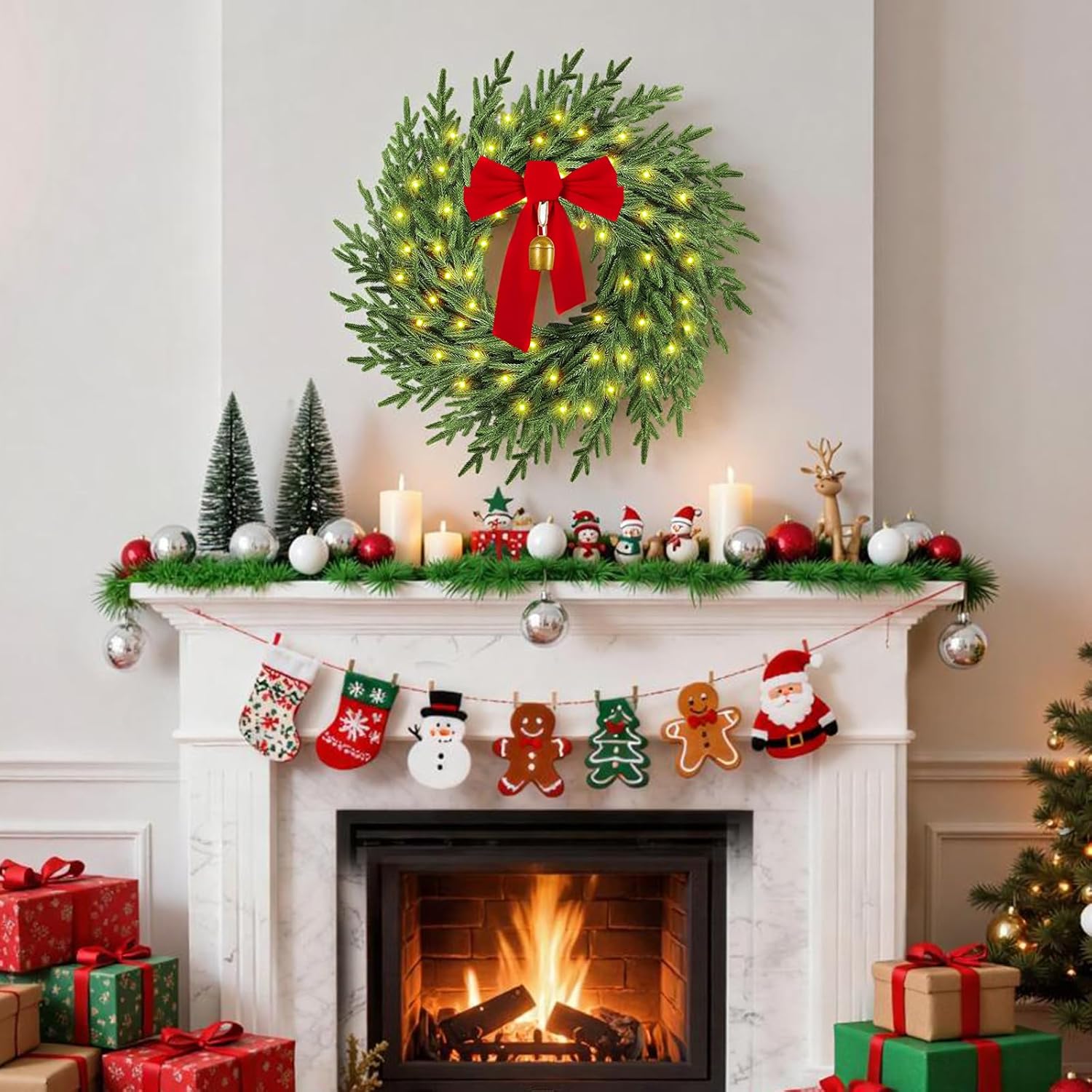 Skiennix Christmas Wreath - 26" Real Touch Pine with Lights, Bow & Bell | Festive Indoor/Outdoor Decor